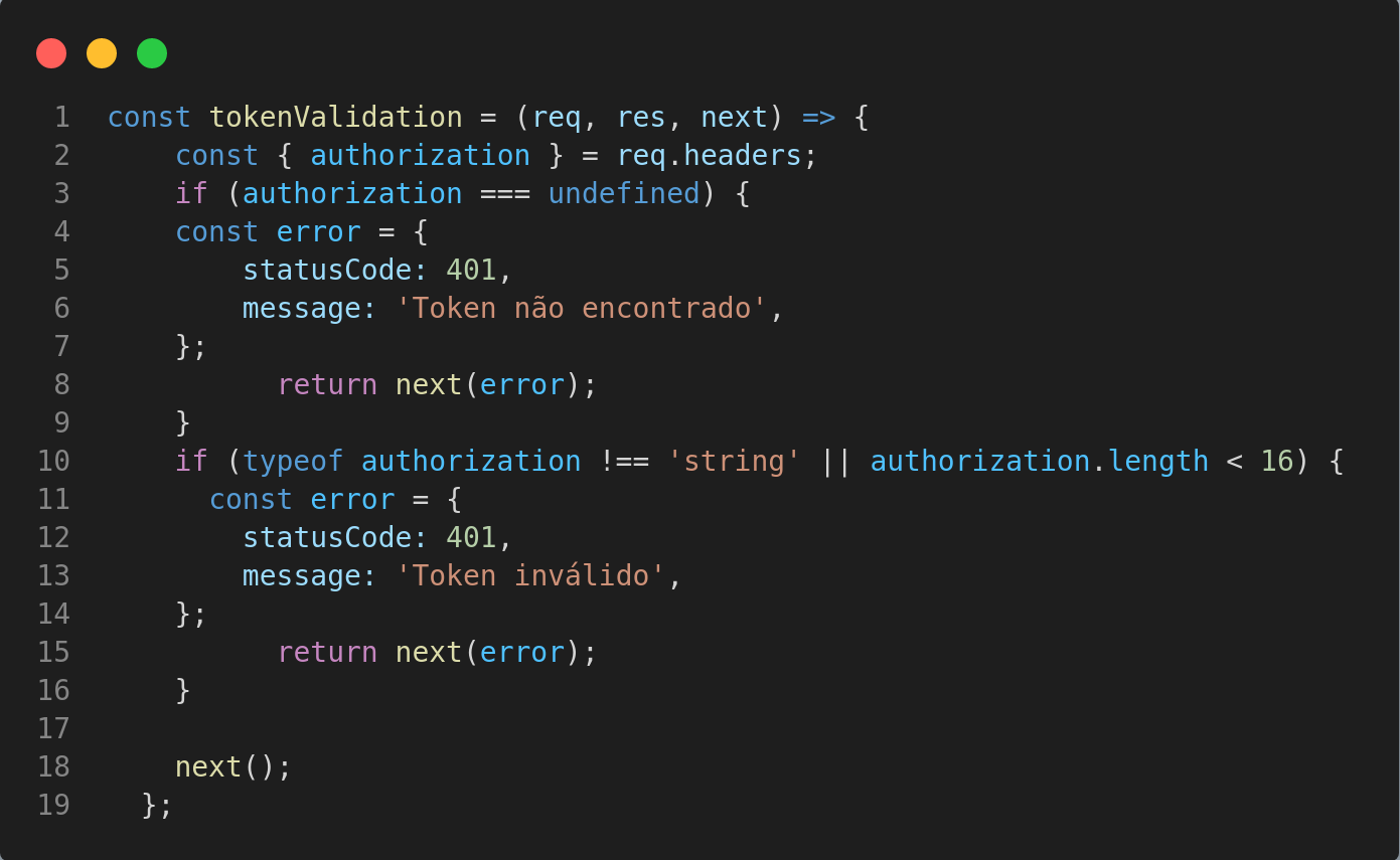 função tokenValidation