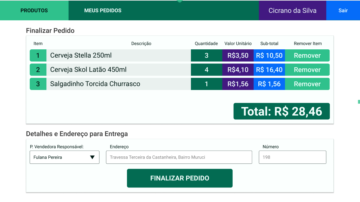 tela do carrinho de compras